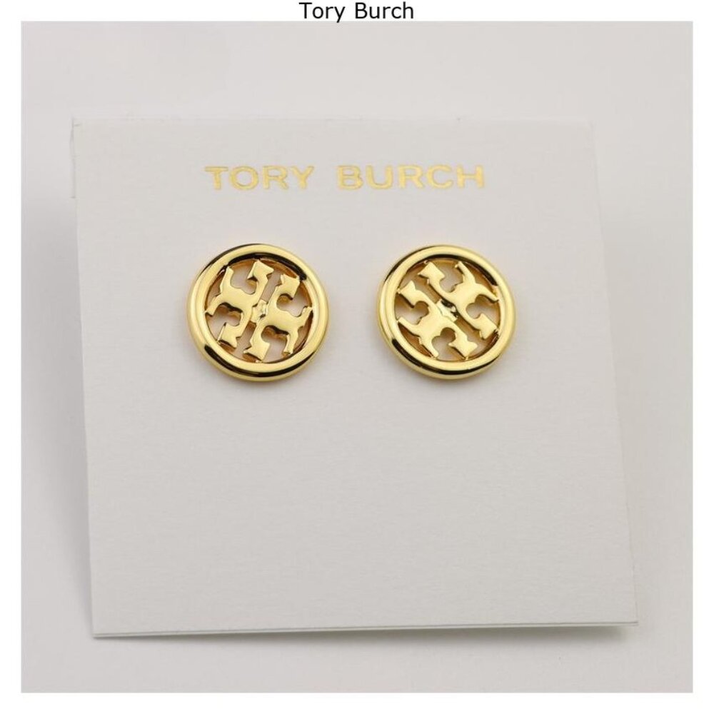 Tory Burch Polished Gold Logo Circle Stud Earrings